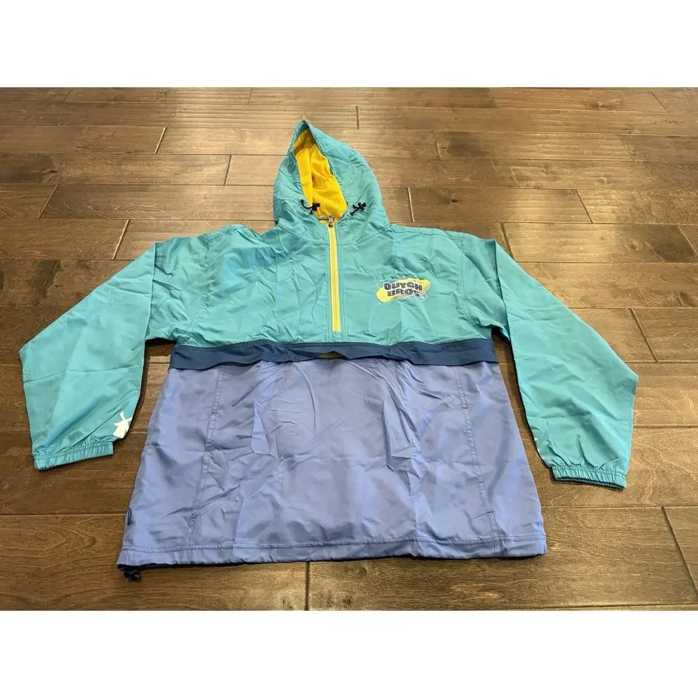 Dutch Bros Mens Blue Teal Yellow Hooded Windbreaker Retro Jacket Size M Medium